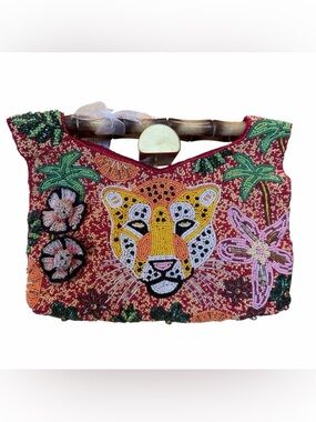 Multicoloured Beaded Tiger & Flower Clutch Bag with Bamboo handles